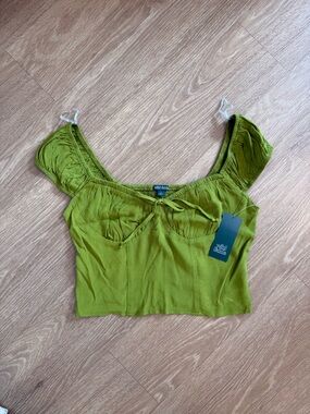Target Wild Fable Olive Green Puff-Sleeve Tie-Front Crop Top NWT